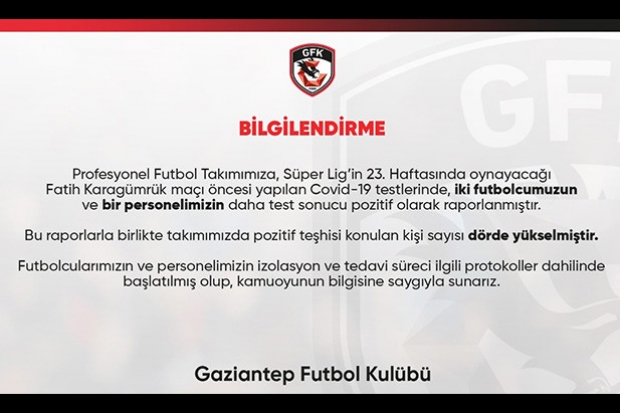 Gaziantep FK'da dört pozitif vaka