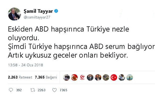 Tayyar’dan ABD’ye serum göndermesi