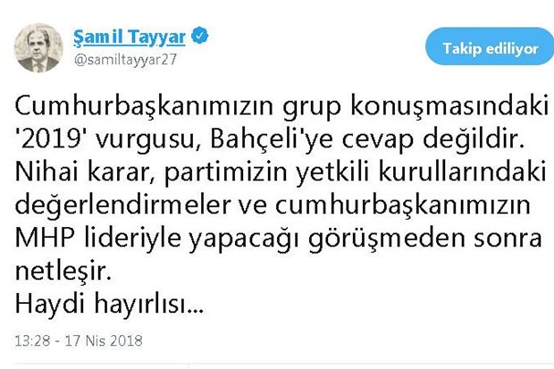 Tayyar'dan erken seçim değerlendirmesi