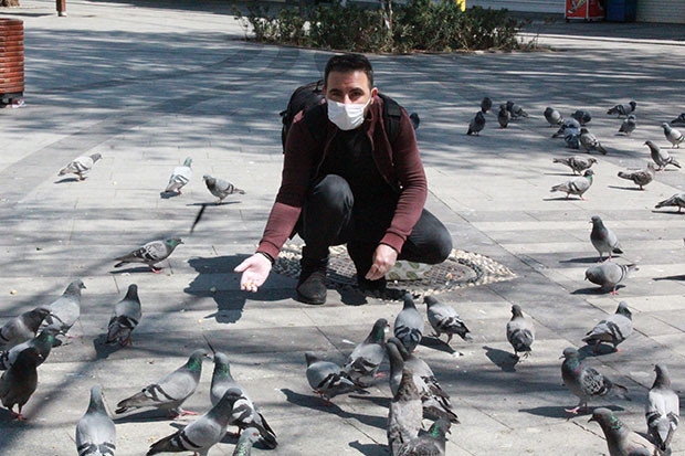 Sokaklar boş kalınca aç kalan güvercinleri gazeteciler besledi